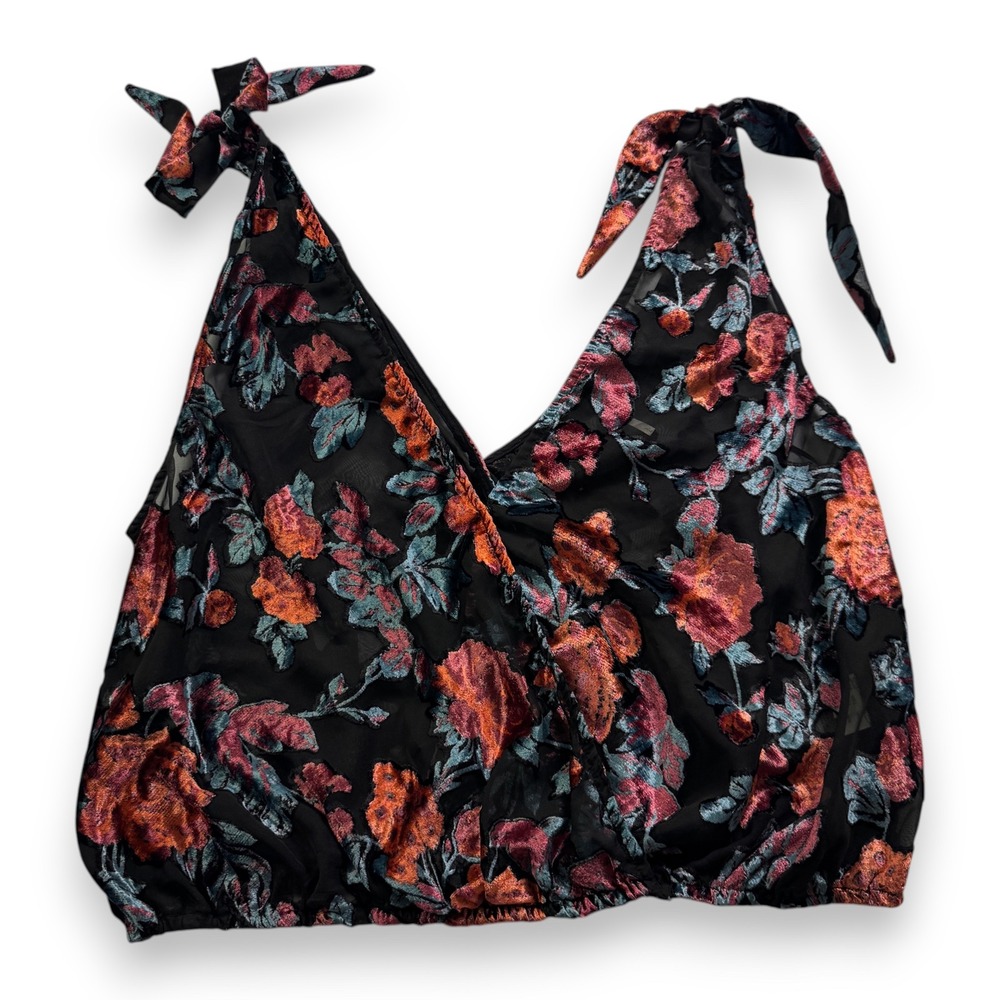 Free People Floral Burnout Velvet Tie Strap Crop Top Black OB1388570 Womens L